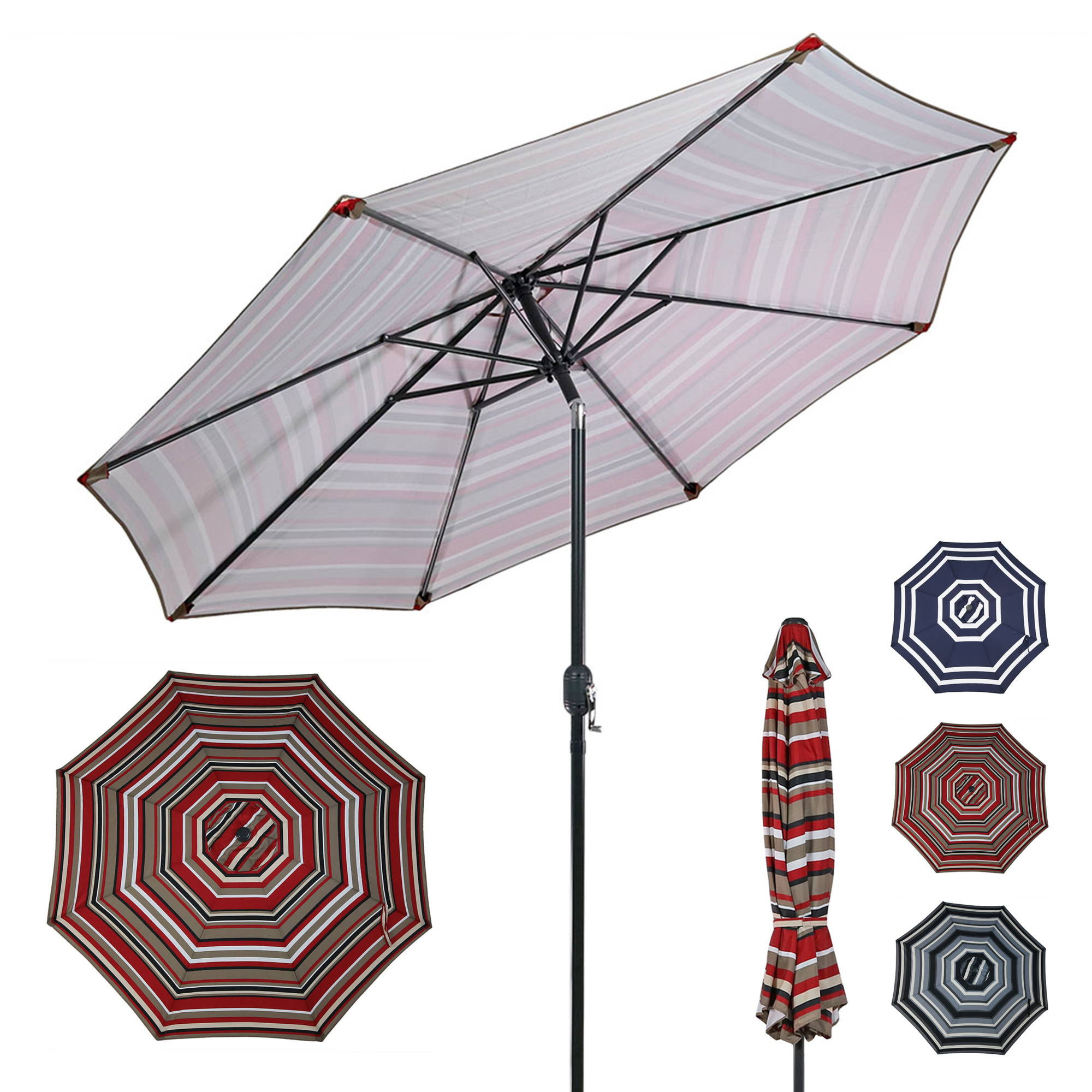 Sunnydaze Decor, 9ft. Umbrella with Push Button Tilt- Awning Stripe, Canopy Diameter 8.66 ft, Shape Octagon, Model# JLP-231